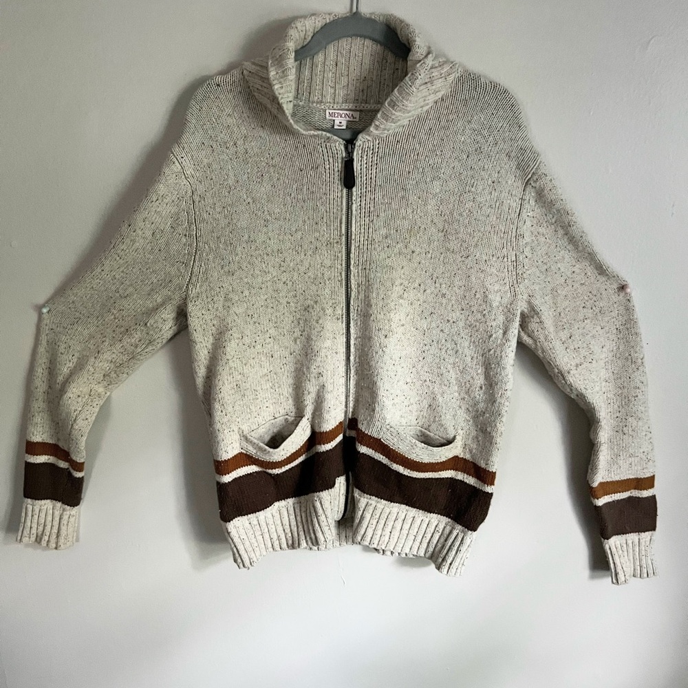 Merona Men's Cream Zip-Up Sweater with Brown Stripes